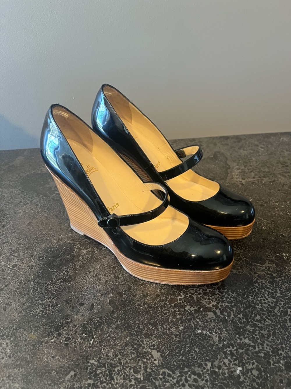 Christian Louboutin Women's EU 39.5 Black Patent Leather Mary Jane Wedge